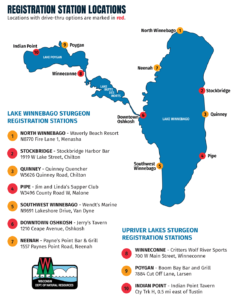 Map of Wisconsin DNR's registration stations for the 2023 sturgeon spearing season in the Winnebago System