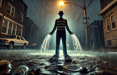 A shadowy figure resembling Flooddy Krueger stands under a dim streetlamp during a heavy rainstorm on a desolate urban street. The figure is partially silhouetted, with a soaked fedora casting a shadow that obscures his face. He wears a drenched, striped sweater, blending into the rainy, moody atmosphere. Jets of water spray from the ends of his sleeves, symbolizing stormwater runoff. Puddles on the street reflect the dim yellow streetlight, while litter, oil slicks, and debris flow toward a nearby storm drain. The scene is dark and atmospheric, with shades of brown, gray, and blue evoking pollution and decay in the rain-soaked environment.