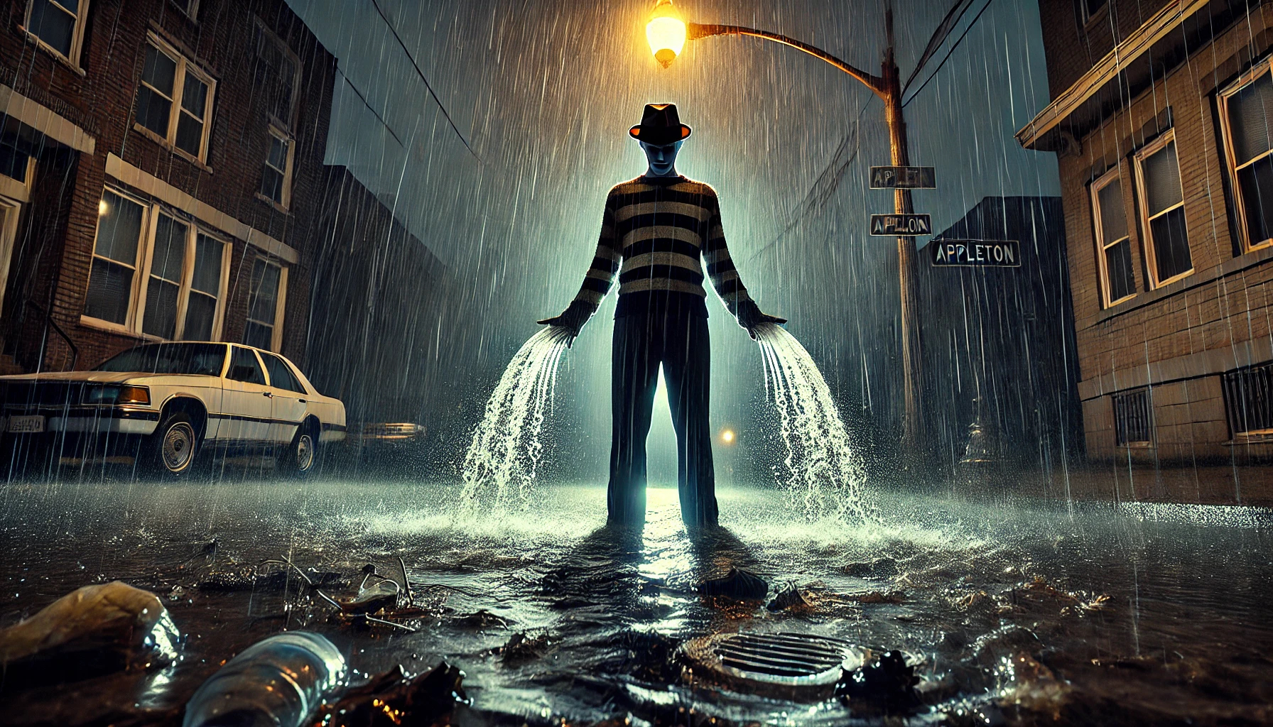 A shadowy figure resembling Flooddy Krueger stands under a dim streetlamp during a heavy rainstorm on a desolate urban street. The figure is partially silhouetted, with a soaked fedora casting a shadow that obscures his face. He wears a drenched, striped sweater, blending into the rainy, moody atmosphere. Jets of water spray from the ends of his sleeves, symbolizing stormwater runoff. Puddles on the street reflect the dim yellow streetlight, while litter, oil slicks, and debris flow toward a nearby storm drain. The scene is dark and atmospheric, with shades of brown, gray, and blue evoking pollution and decay in the rain-soaked environment.
