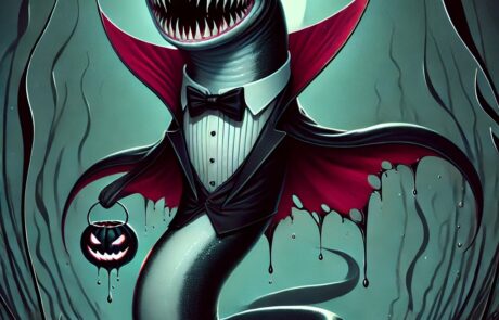 A sinister eel-like creature with the sleek, serpentine body of a sea lamprey, dressed in a full Dracula-style tuxedo. The tux includes a white shirt, black vest, bow tie, and a flowing black-and-red cape that drifts around it like eerie wings. Its smooth head features a pronounced widow's peak, enhancing its vampiric appearance, and its glowing red eyes shine with wicked intent. The creature grins with a circular mouth filled with jagged, spiraling teeth, dripping dark water. In its sharp claws, it clutches a tiny jack-o'-lantern filled with candy. It lurks underwater among swaying seaweed, in a dim underwater forest illuminated by moonlight filtering through the surface above, casting shifting shadows.