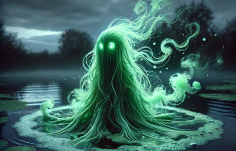 A ghostly creature made of swirling green algae and glowing mist rises from a dark lake. Its form is eerie but not grotesque, with gentle, flowing tendrils that spread across the water. The creature’s eyes glow softly with a mysterious green light, and small bubbles drift up from the murky surface around it. In the background, the water is covered with patches of algae, and a few fish gently float at the surface. The scene is under a cloudy, dusky sky, giving the landscape an eerie, quiet stillness—like nature waiting to come back to life. The atmosphere is spooky but not scary, designed to intrigue rather than frighten.