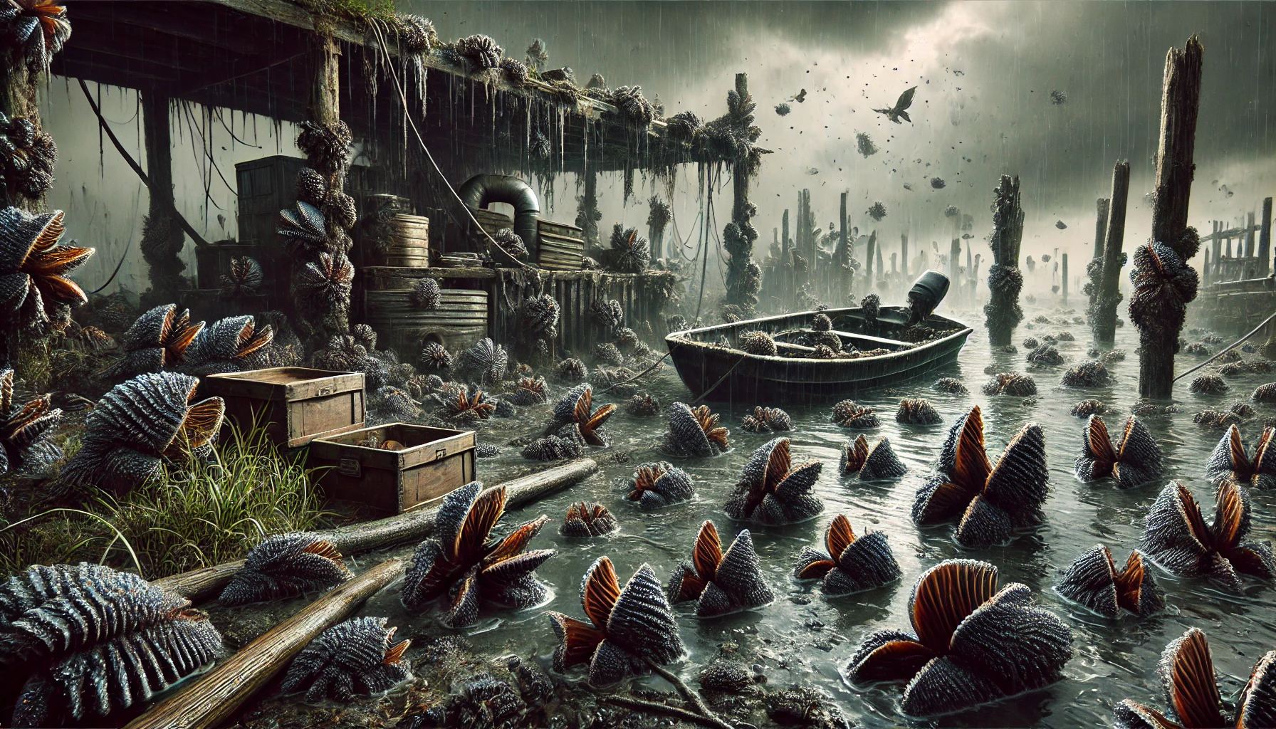 A relentless swarm of zebra mussel creatures clinging to the surface of a boat dock, water pipes, and the bottom of a small boat. Their jagged shells glimmer with a dark, metallic sheen, spreading like a creeping infestation. Despite their eerie persistence, they are depicted in a way that’s intriguing and suitable for all ages—small glowing eyes give them an otherworldly feel without being frightening. The surrounding water is unusually clear, with subtle hints of green algae floating beneath the surface. The sky above is cloudy, casting a dim light over the scene, adding a touch of quiet tension.