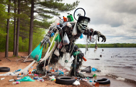 A grotesque, towering creature resembling Frankenstein's monster, made from urban river waste, rampages through a rural park near a calm lake surrounded by pine trees. Plastic bags flap wildly from its body like torn skin, and bicycle tires shift around its waist with each heavy step. Fishing line, acting like crude stitches, strains to hold its limbs together as it drags a trail of trash—nets, tires, and plastic bottles—behind it. Birds scatter into the air, and ripples disturb the lake's surface from the creature’s chaotic movement. The scene conveys a stark contrast between the peaceful natural setting and the invasive, polluted horror.