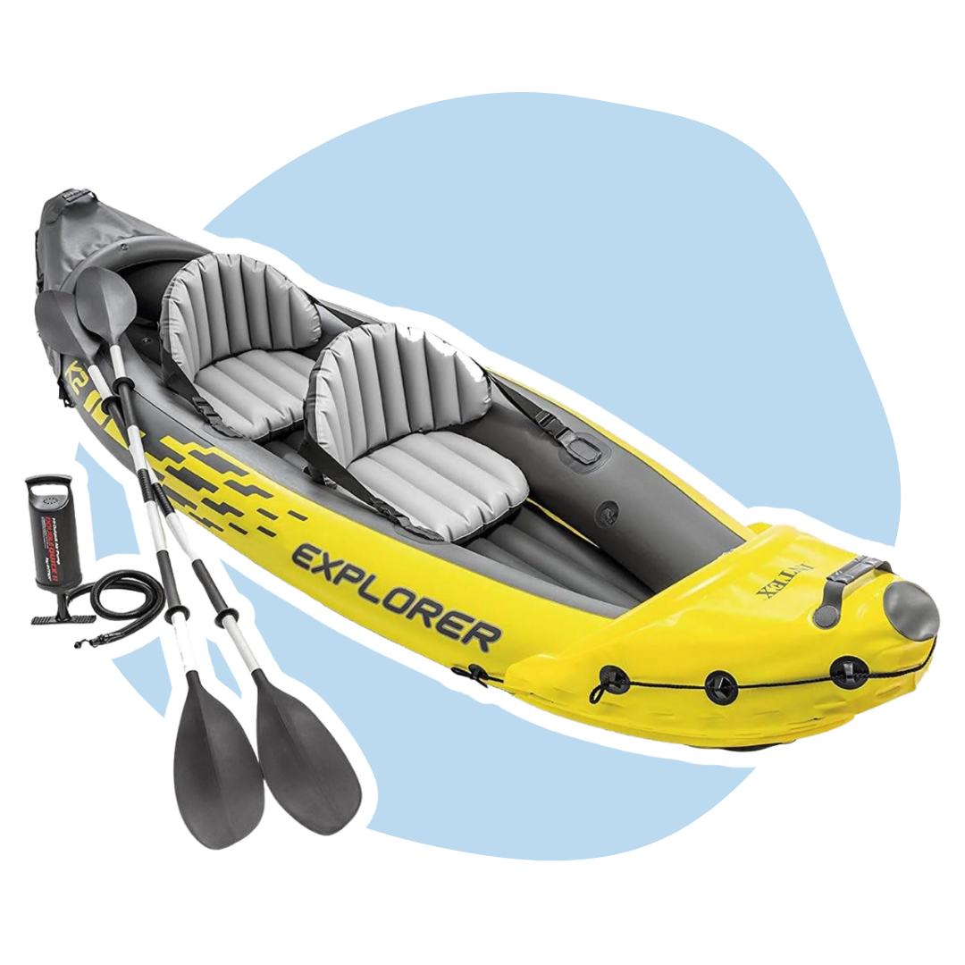 a yellow inflatable kayak with oars in front of a light blue background