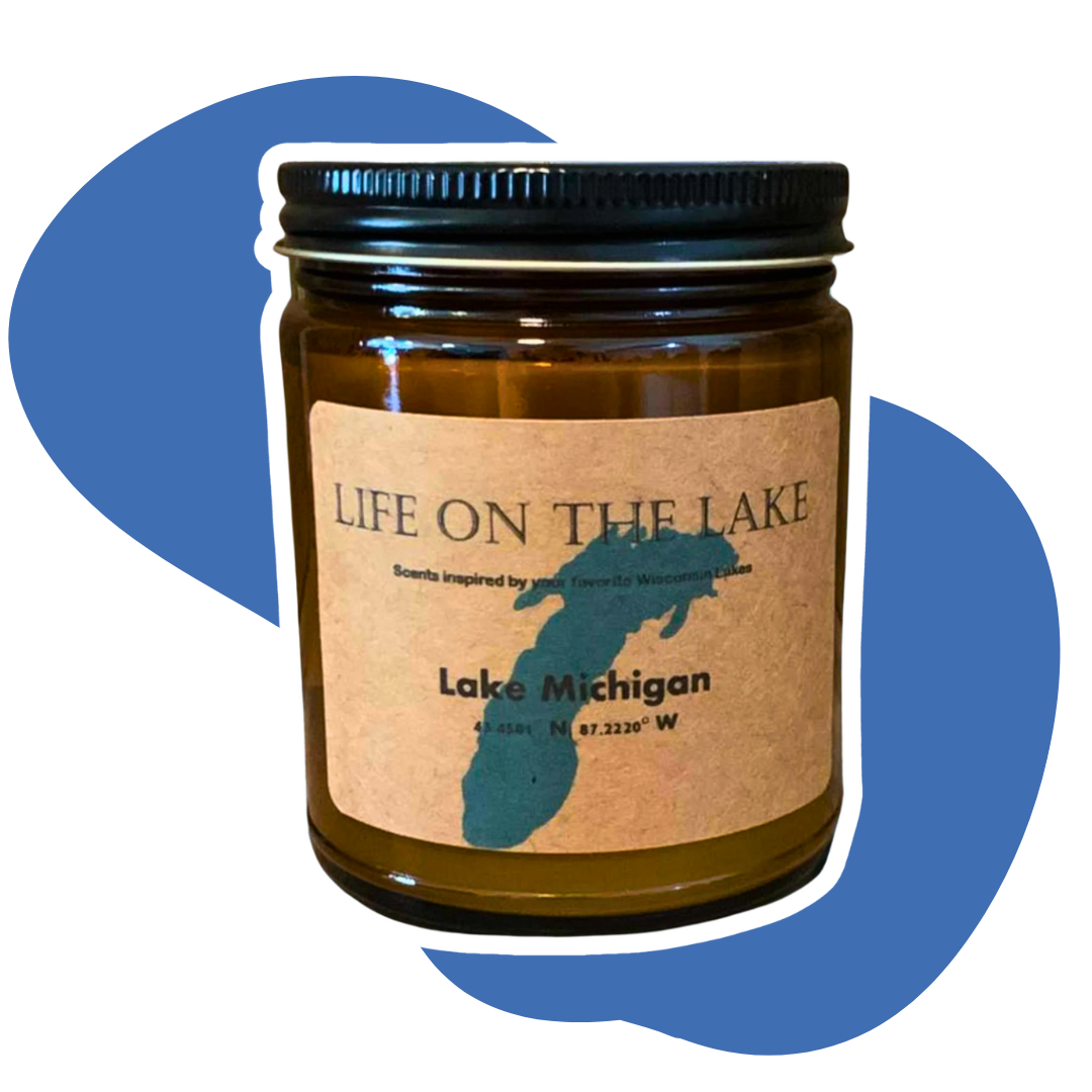 a wisconsin lake candle in front of a blue background