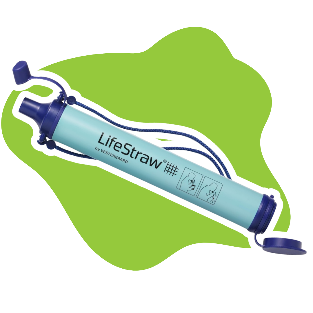 a lifestraw against a green background