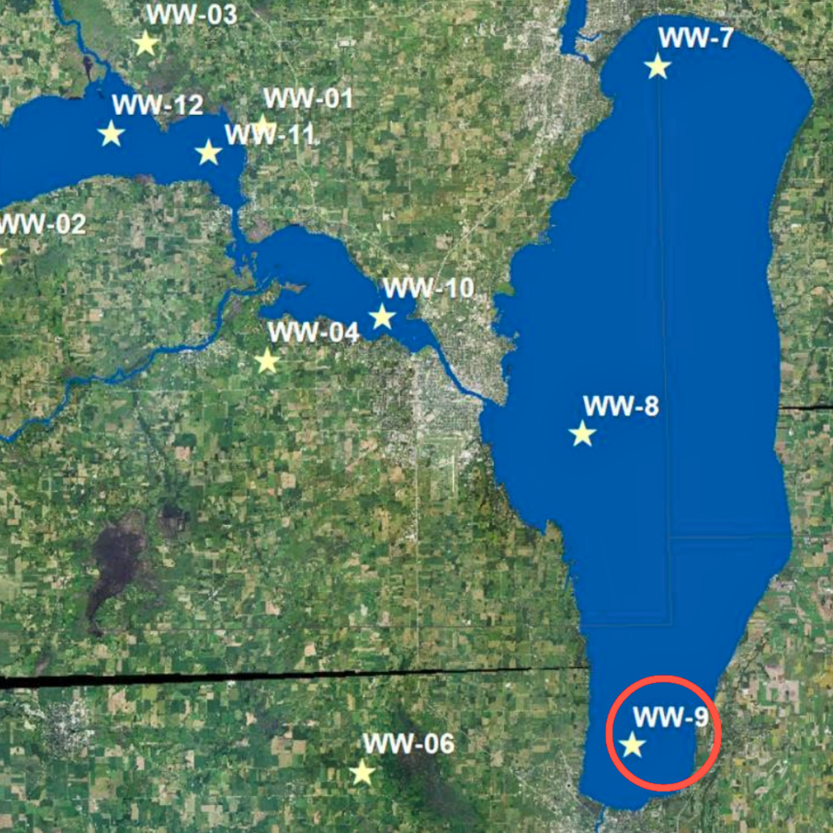 Map showing water quality monitoring sites across the Fox-Wolf Watershed. Site WW-9, located on the south end of Lake Winnebago near Fond du Lac, is circled in red to indicate the volunteer location we are trying to fill.