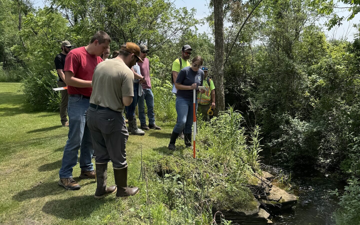 A group of people stands near a stream, using measuring tools to assess erosion along the bank. Lush greenery and trees surround the scene on a sunny day.