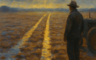 Impressionist illustration of farmer in muddy field with two sunlit tracks.