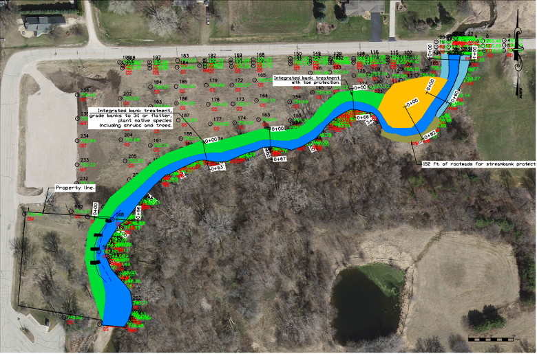 Engineering diagram of Brothertown Creek showing streambank restoration zones, erosion control treatments, and re-vegetation plans.