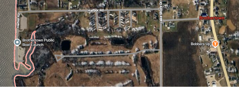 Satellite map of Brothertown, WI, highlighting the project site near Brothertown Public Boat Launch, west of Lake Shore Drive.